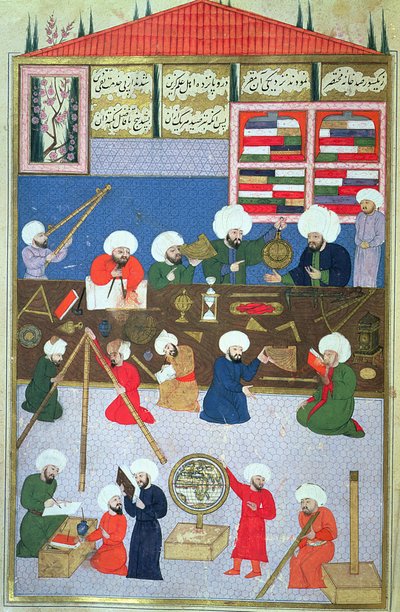 AF 1404 Takyuddin e outros astrônomos no observatório Galata fundado em 1557 pelo sultão Suleyman, do Sehinsahname de Murad III, c.1581 de Turkish School